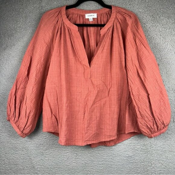 Evereve Top Womens Medium Coral Striped Gauze Texturized Blouse - Picture 1 of 5